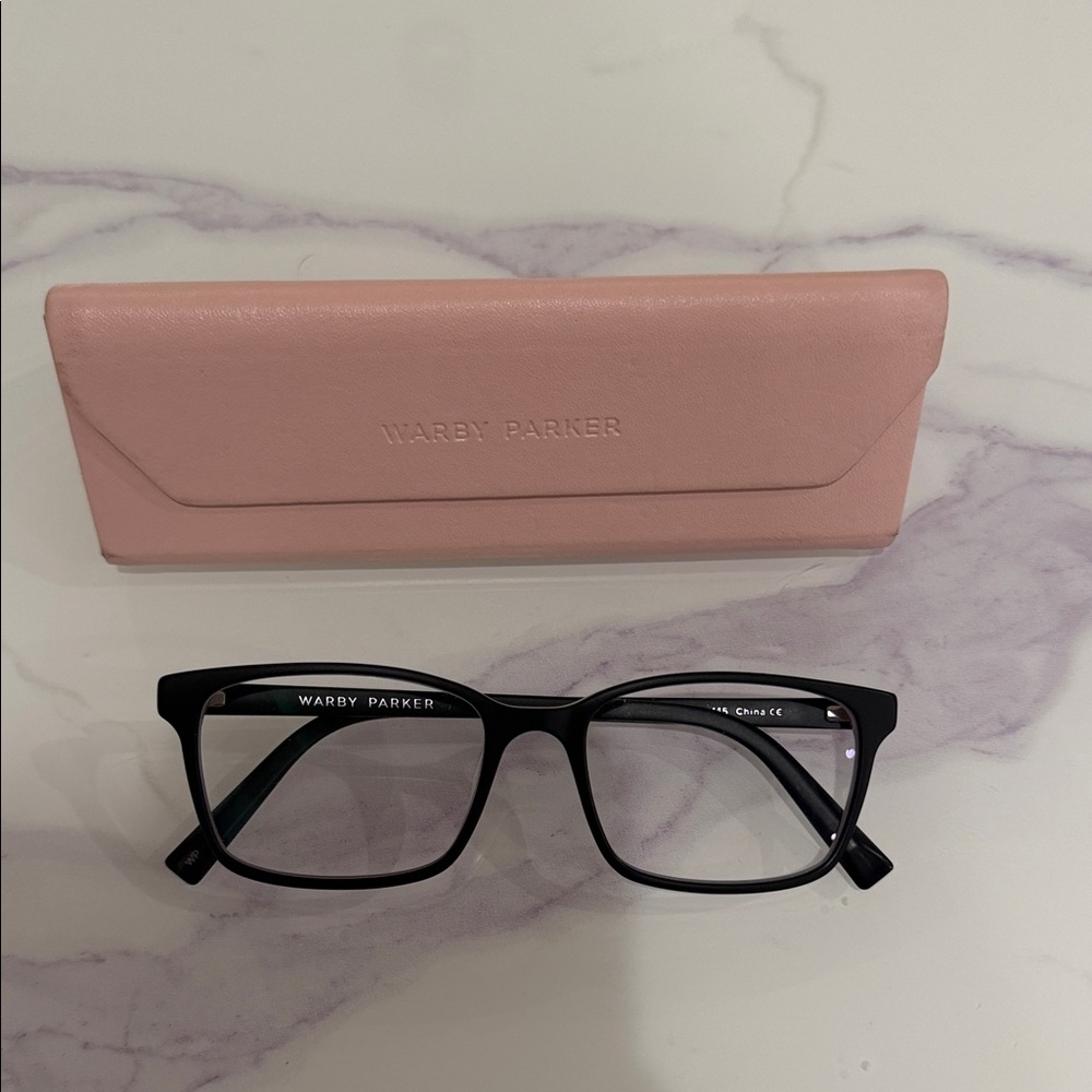 Warby Parker Black Brady Blue Light Glasses with Pink Case
